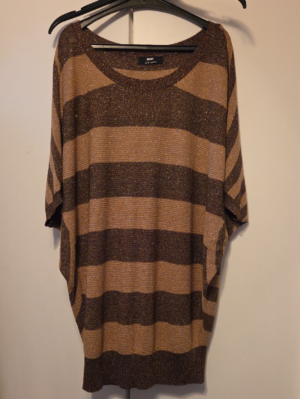 Mix Striped Metallic Knit Tunic Top - Brown/Camel